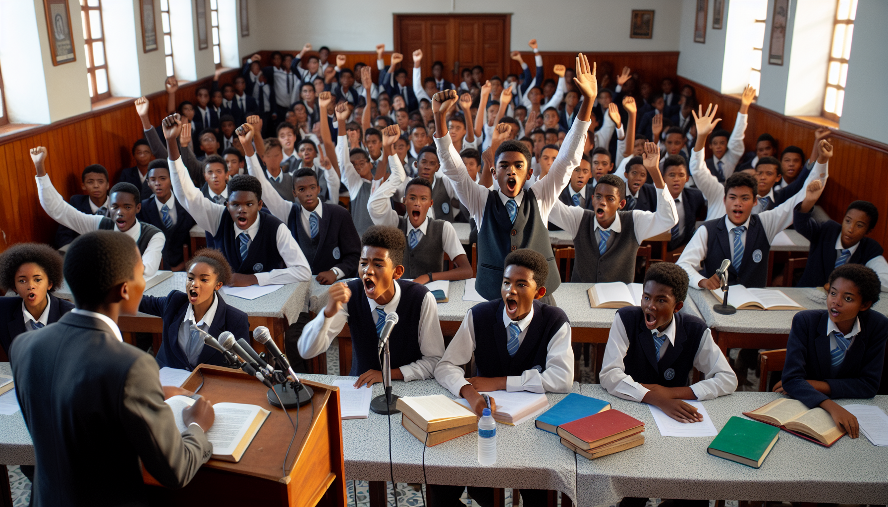 assistez à un concours de débat captivant à antananarivo, où les lycéens malgaches s'affrontent dans un échange d'idées passionnant. cette compétition met en lumière les talents oratoires et l'esprit critique des jeunes, renforçant ainsi l'éducation citoyenne et la culture du débat à madagascar.