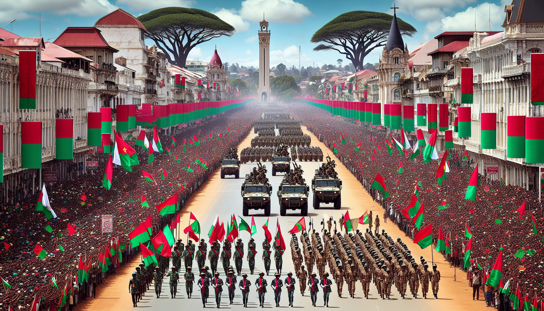 assistez au grand défilé militaire à antananarivo célébrant les 65 ans d'indépendance de madagascar. un événement marquant mettant en avant la fierté nationale, les traditions et le savoir-faire militaire du pays. ne manquez pas cette journée mémorable de festivités et de patriotisme.